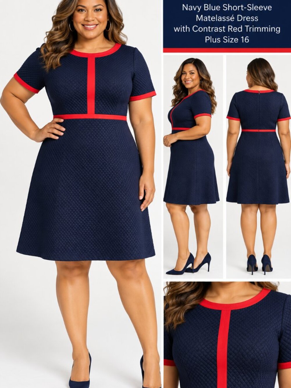 J. Crew Navy Blue Short-Sleeve Matelassé dress contrast Red Trimming Plus SZ 16